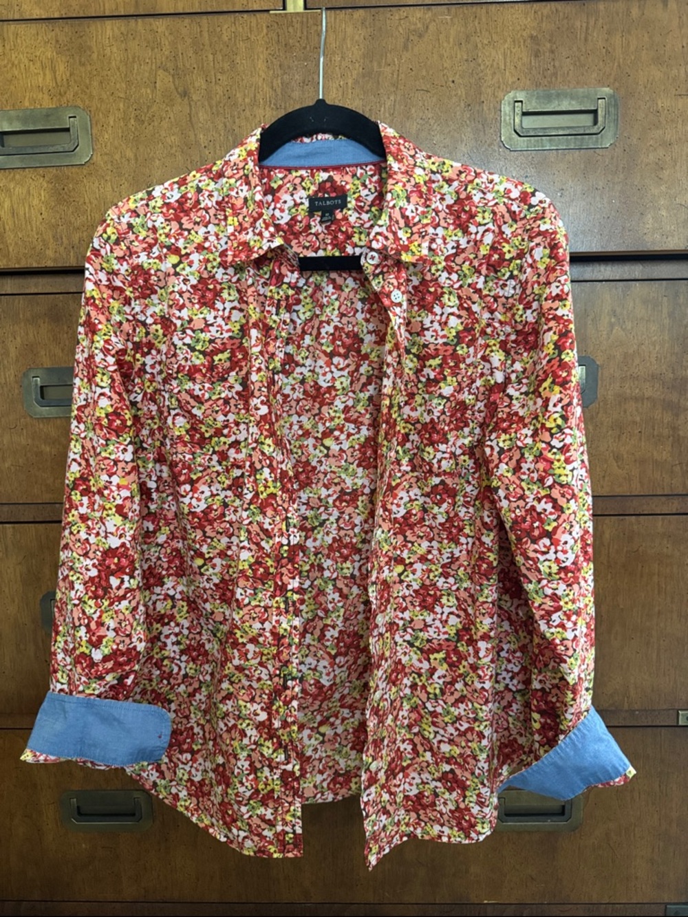 Talbots Red Floral Cotton Button-Up with Chambray Trim